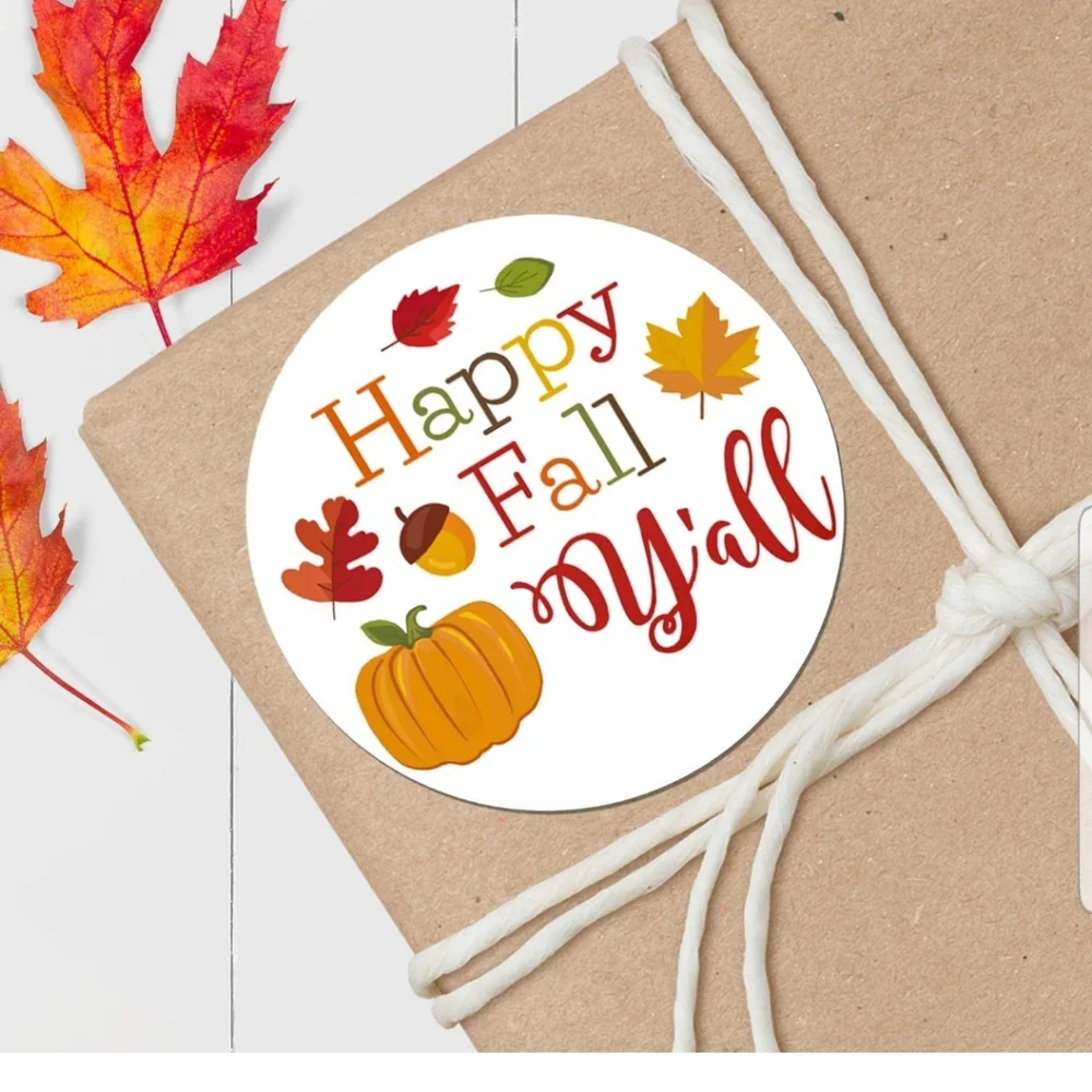 50 ct : Happy Fall Y'all Stickers are 2 x 2 Inch